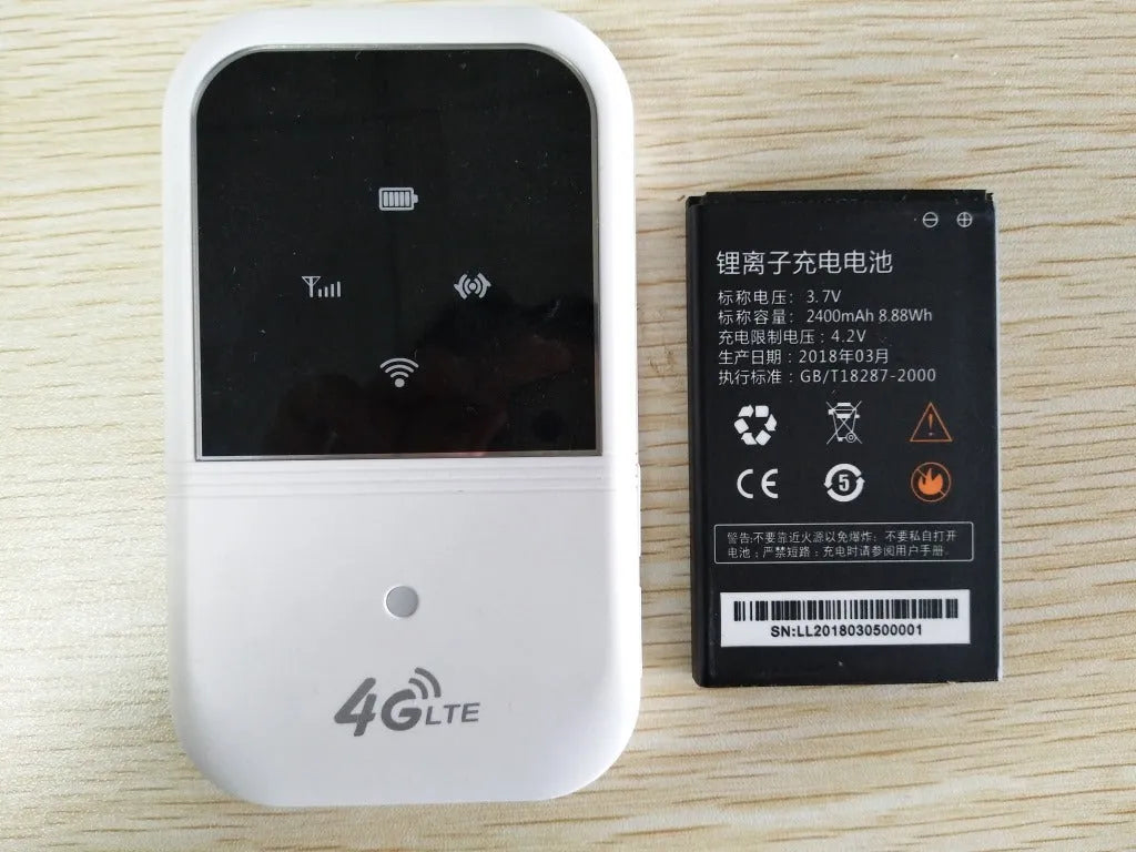 White 4G LTE car router with USB cable, compact 10.8 cm size, on a table surface