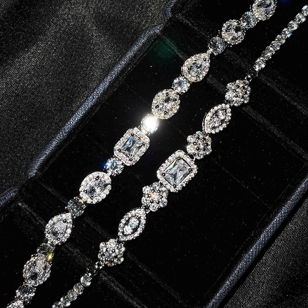Women's geometric zircon bracelet with silver and white gold plating.