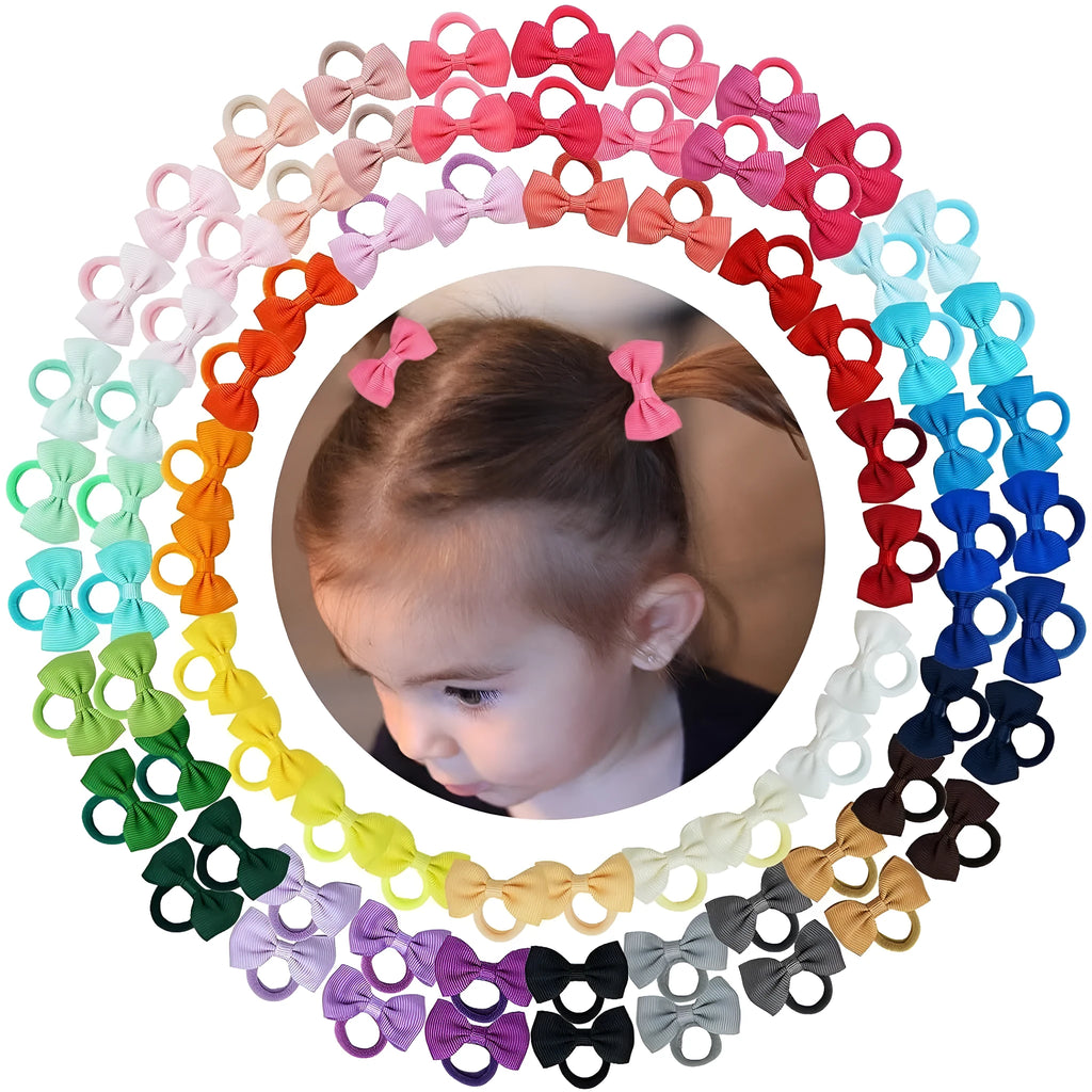 80-piece baby hair ties with bows set showing multi-coloured grosgrain ribbon bows attached to elastic bands