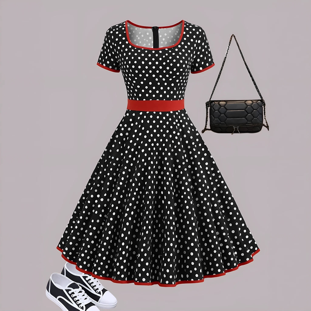 Square collar polka dot dress with pleated skirt and zip front closure in multicolour pattern