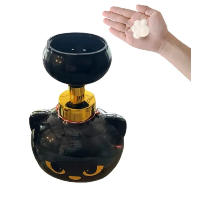 Black cartoon cat-shaped plastic foam soap dispenser measuring 10 by 18 centimetres