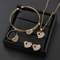 Gold women's jewellery set featuring earrings, an adjustable necklace, and a bracelet with heart, water drop, and bell pendants.