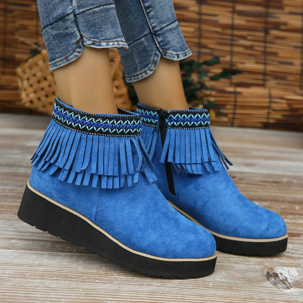 Women's wedge ankle boots in suede with side zipper and thick rubber sole