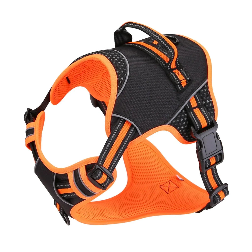 Orange anti-escape dog harness and traction lead set shown on size chart for S, M, L.
