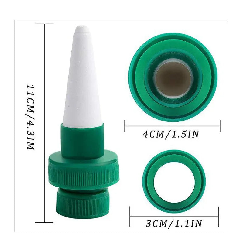 Green ceramic dripper device for attaching to cola bottles for automatic plant watering