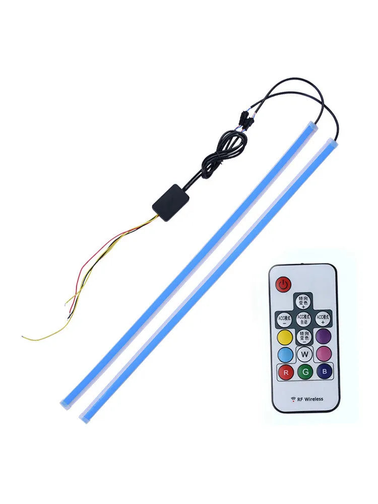 A universal RGB LED daytime running light strip for cars with a remote control, shown in three size options.