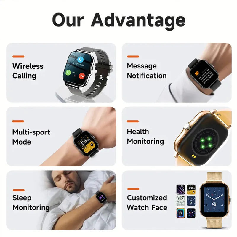 Smart watch with colour touchscreen on a silicone strap, showing a call interface and health metrics.