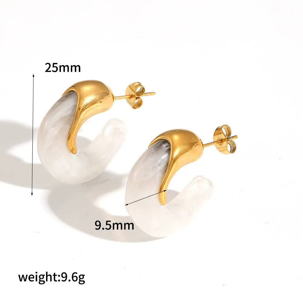 18K gold plated stainless steel hoop earring with amber resin detail, clip-on design, women's retro geometric style