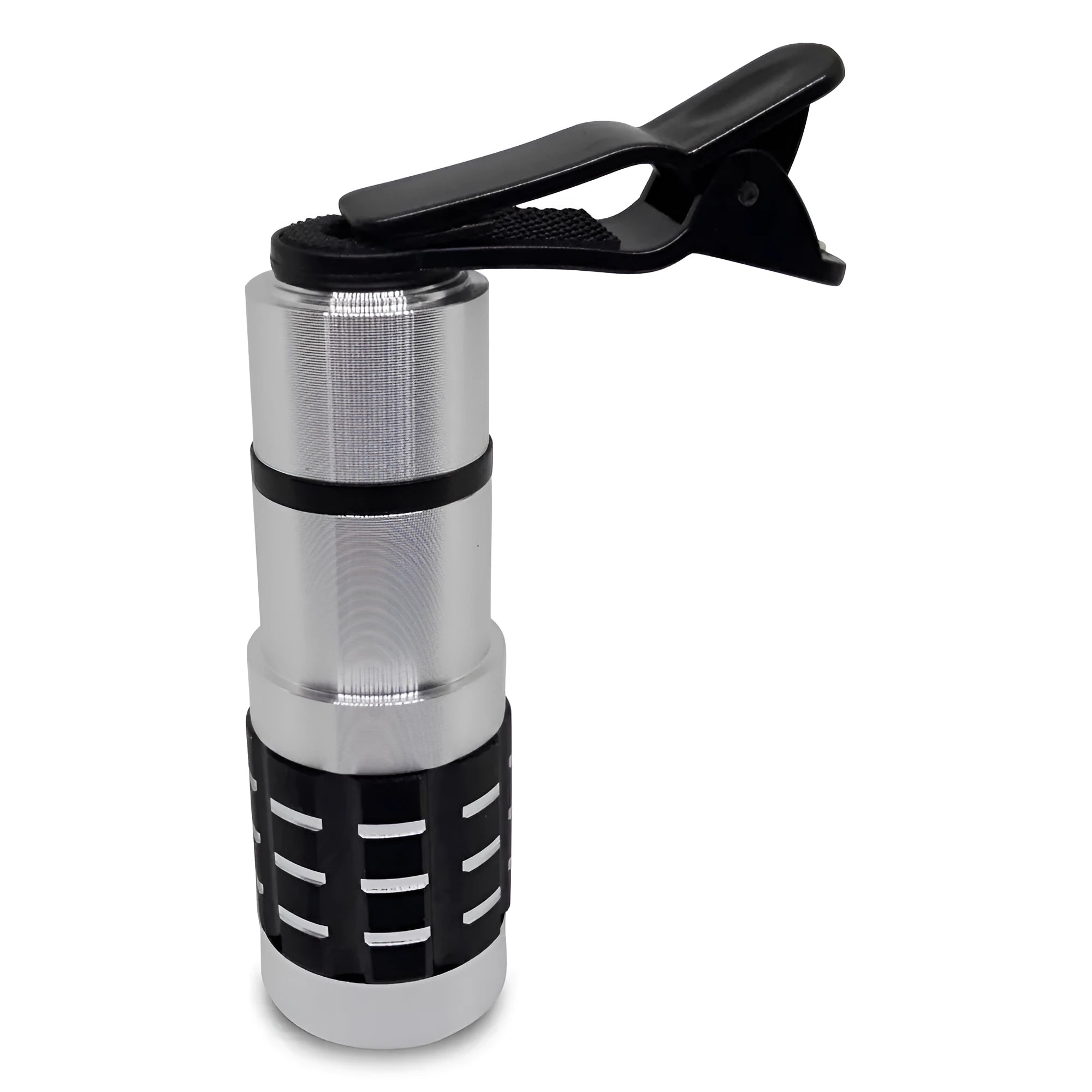 12x magnification smartphone telephoto lens with universal collar clip attached to a mobile phone