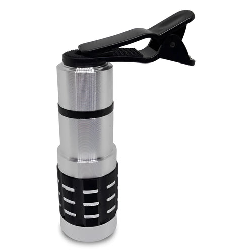 12x magnification smartphone telephoto lens with universal collar clip attached to a mobile phone