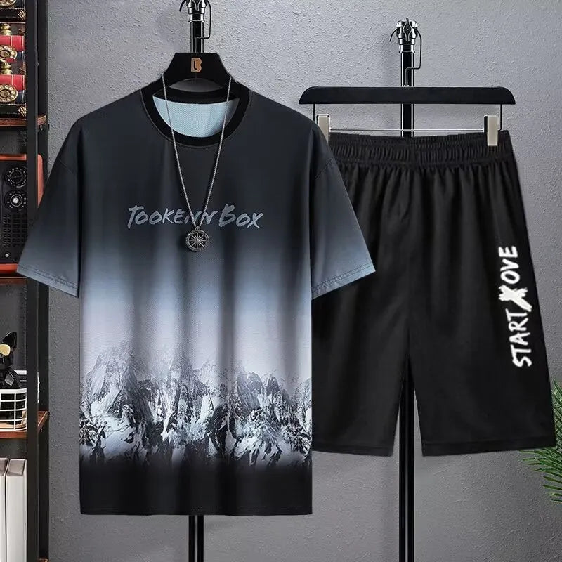 Men's lightweight polyester summer shorts suit set in a colour option, showing short sleeve T-shirt and matching shorts.