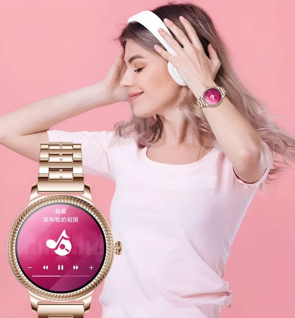 AK38 ladies smart watch with stainless steel band and 1.09-inch TFT display