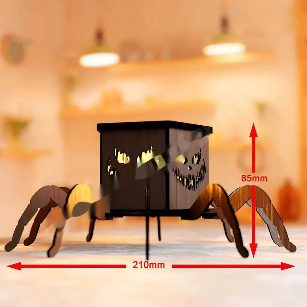 Wooden spider-themed lantern candlestick decoration measuring 21cm tall