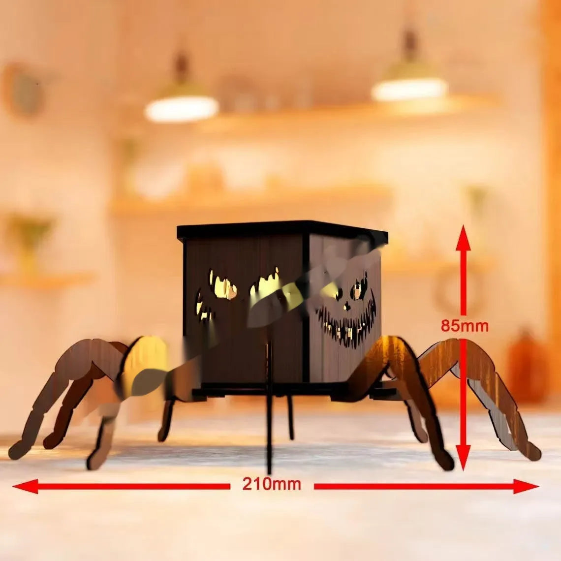 Wooden spider-themed lantern candlestick decoration measuring 21cm tall