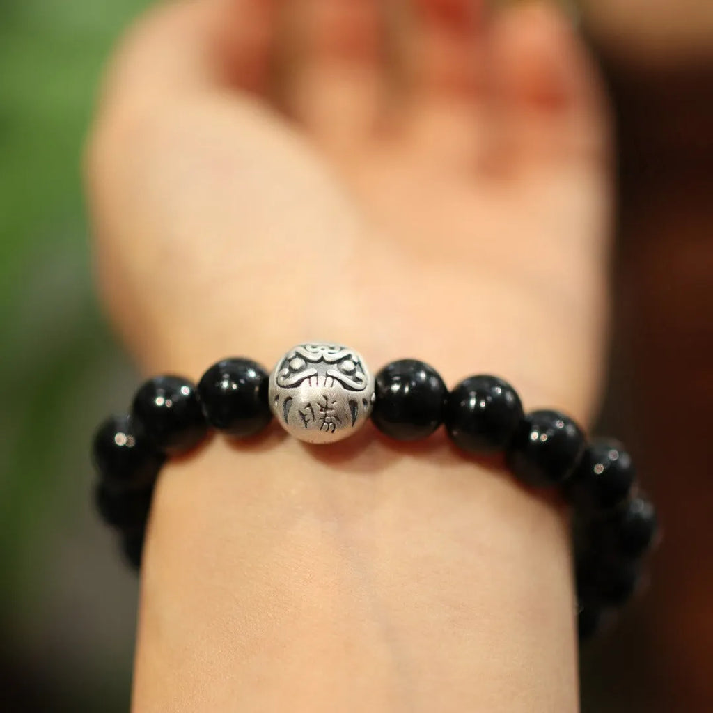 Black agate bracelet with 10mm beads on sterling silver in Chinese style
