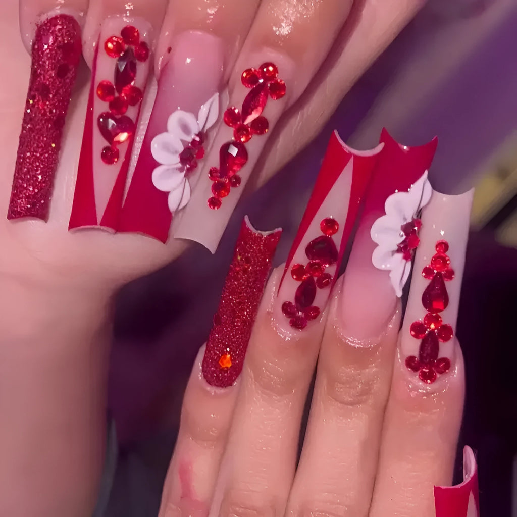 Sweet floral pattern fake nails with prismatic red diamonds in European square shape