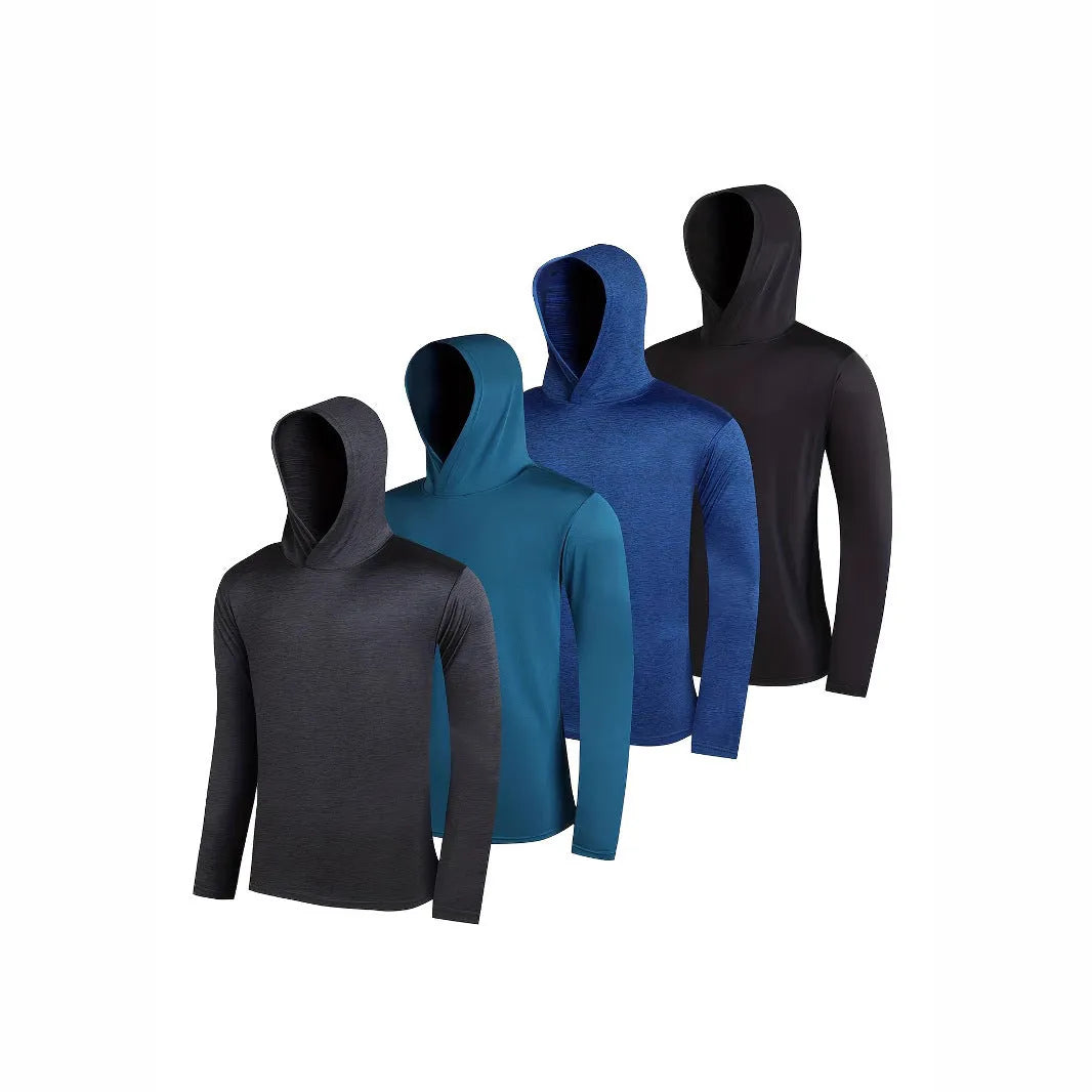 Men's lightweight polyester hoodie bundle in multiple colours, showing front view of hoodie with and without hood.