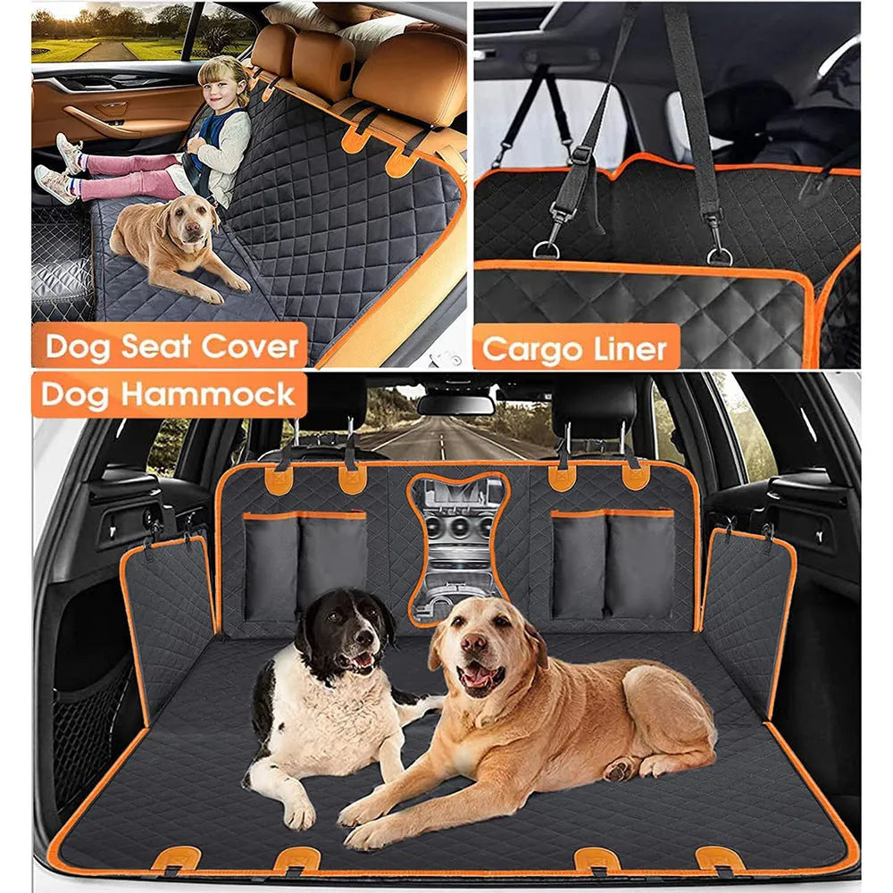 Black waterproof pet car seat cover with orange edging, shown as a hammock with mesh window