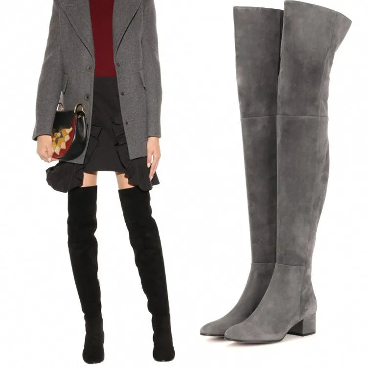 Grey suede women's over-the-knee flat boots with pointed toe and 1-3cm low thick heel