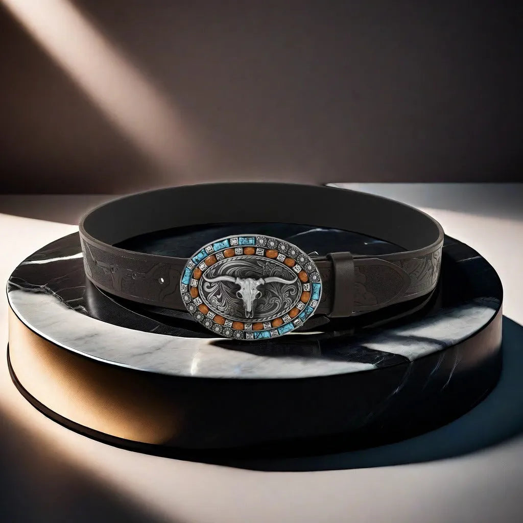 Men's black imitation leather belt with a detailed silver-toned alloy cow head buckle and pin buckle fastening.