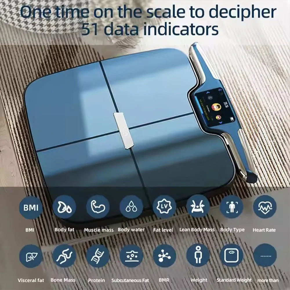 Black eight-electrode intelligent body fat and weight scale for home use.