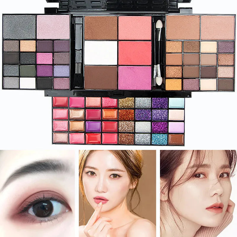 74 colour makeup combination palette open showing four layers of eyeshadows, lip glosses, and face powders with applicators
