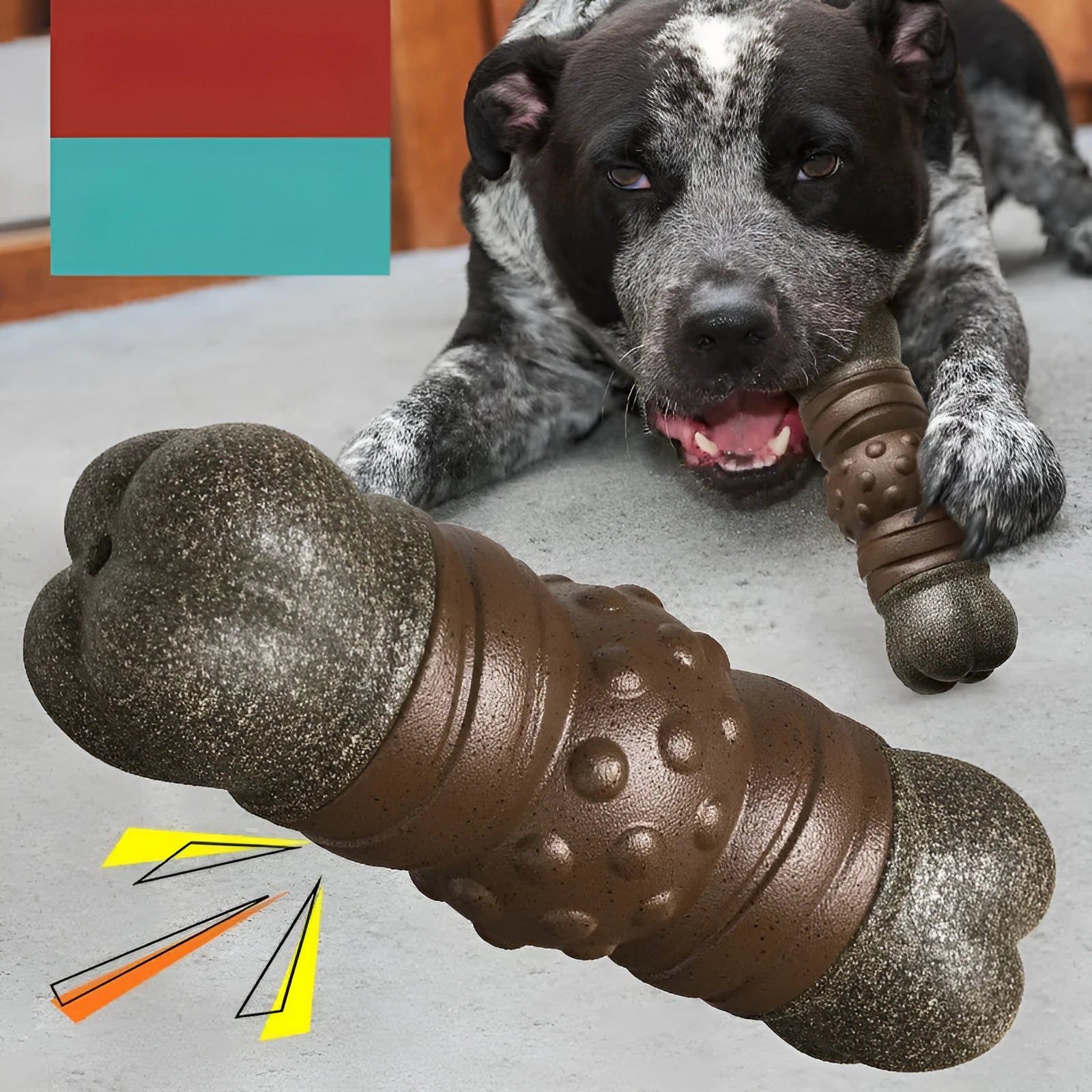 Wood colour plastic dog dental chew toy with textured molar rod design