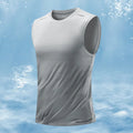 Men's loose fit sleeveless waistcoat in bamboo fibre fabric, showing straight hem design.