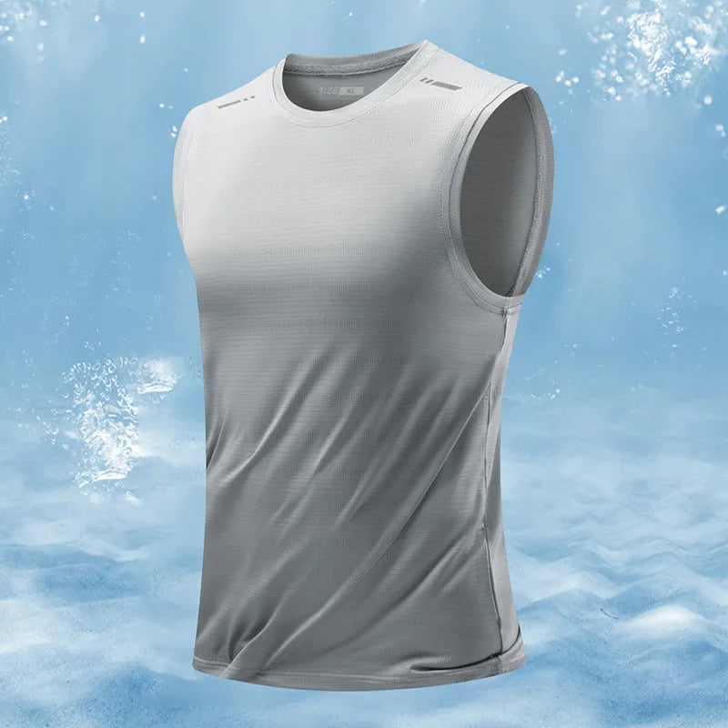 Men's loose fit sleeveless waistcoat in bamboo fibre fabric, showing straight hem design.
