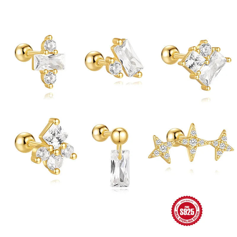 S925 sterling silver stud earrings with square red gravel flower design in electroplated gold colour