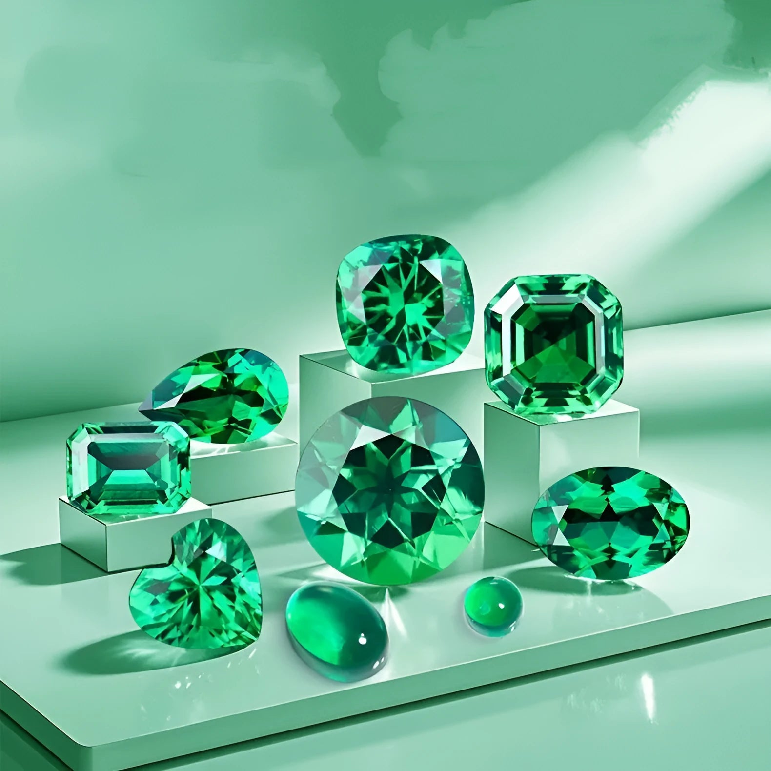 Columbia green treasure colour simulated emerald gemstone in round and emerald cut sizes