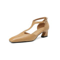 Wine red sheepskin leather square toe chunky heel shoes with buckle closure