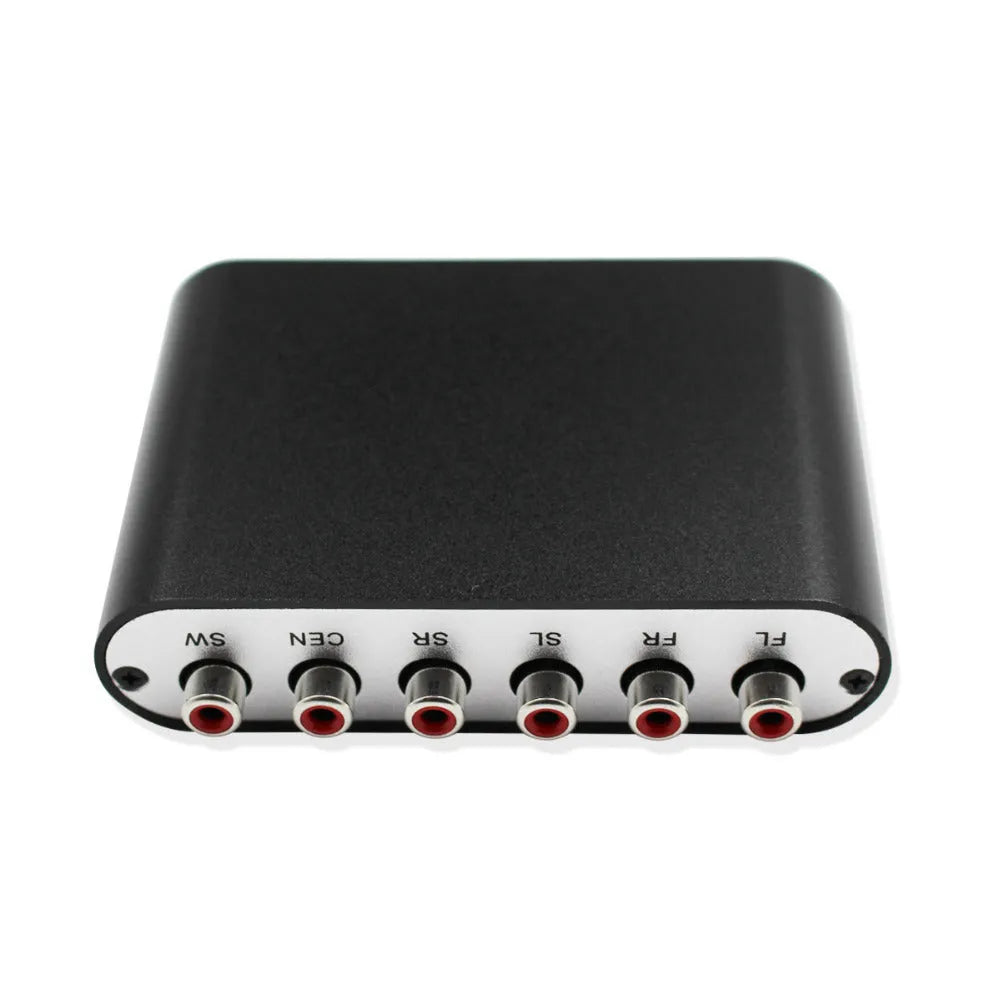 Black DTS Dolby Digital audio decoder with optical, coaxial, and stereo inputs and 5.1 channel analogue outputs