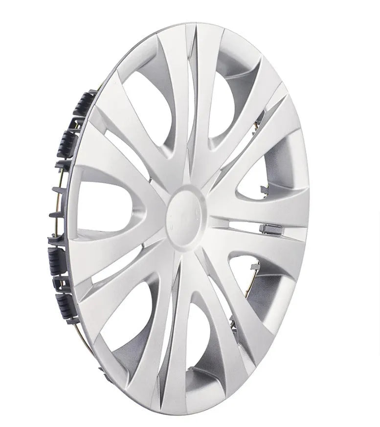Universal ABS car wheel hub cover in a monochrome silver finish for a 15-inch wheel.