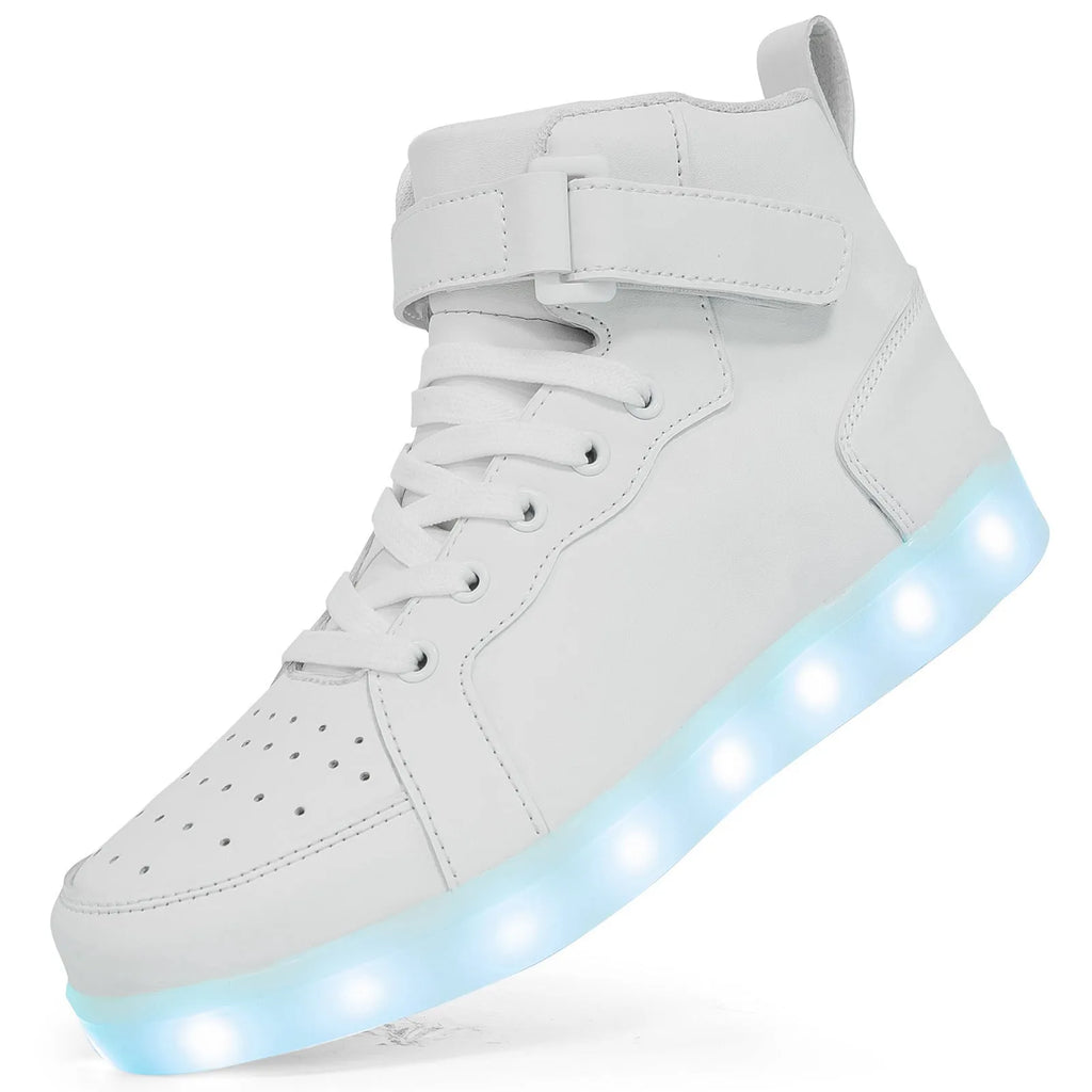 Pair of black high-top shoes with velcro strap and glowing LED lights on the soles.