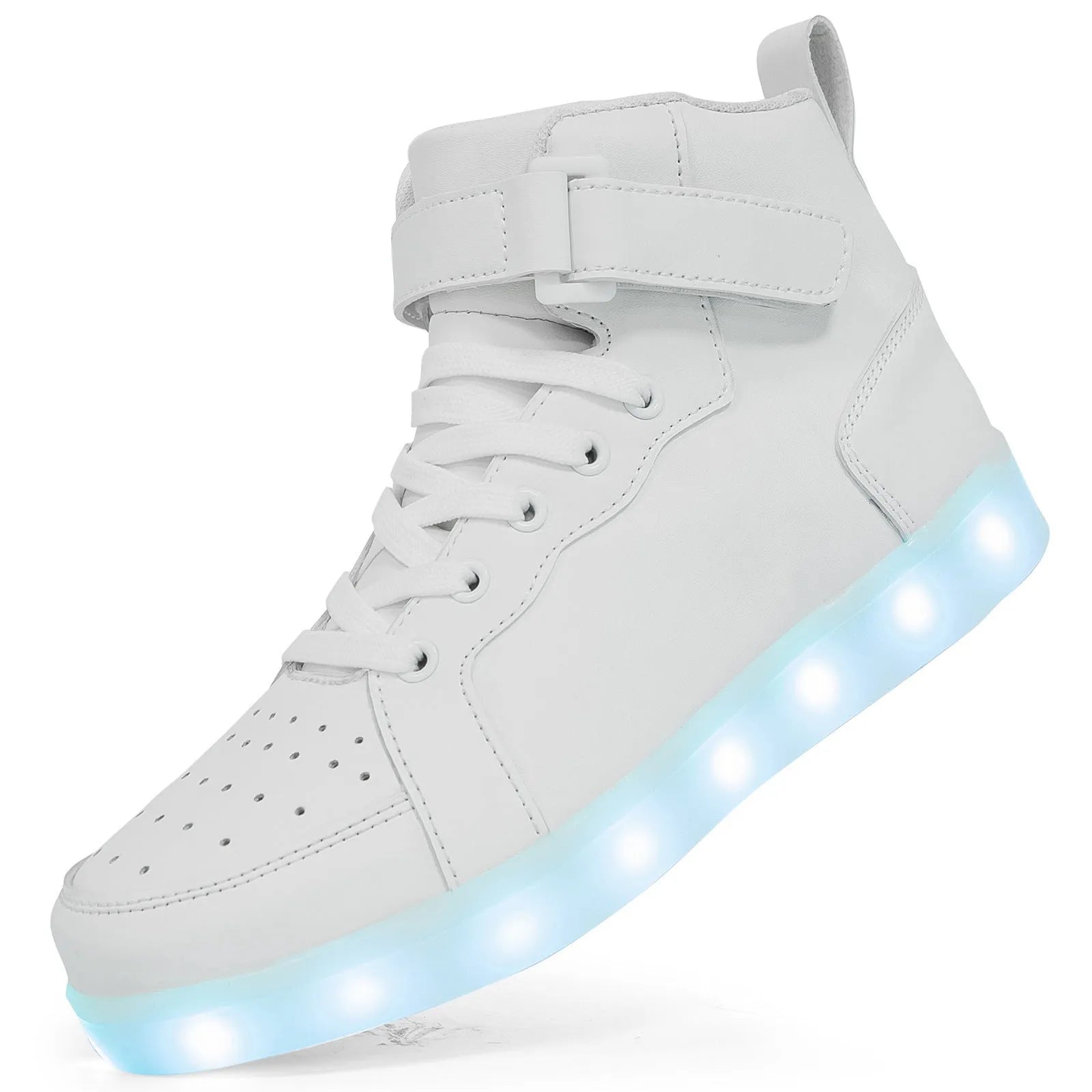 Pair of black high-top shoes with velcro strap and glowing LED lights on the soles.