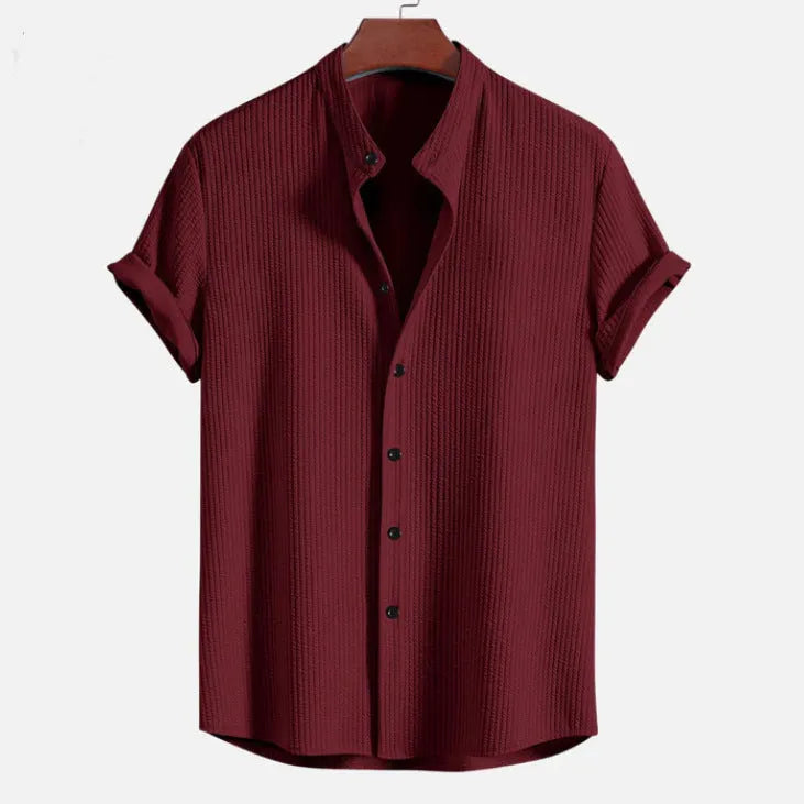Mens loose fit short sleeve shirt in summer colours including wine red, dark green and light blue
