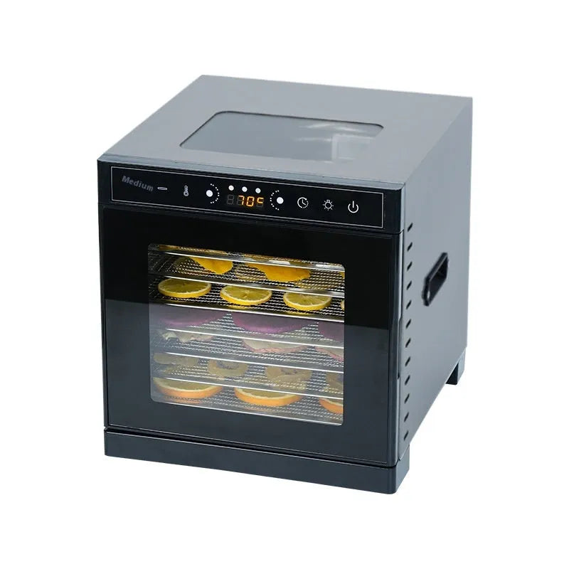 Stainless steel food dehydrator with digital LED panel and multiple stacking trays.