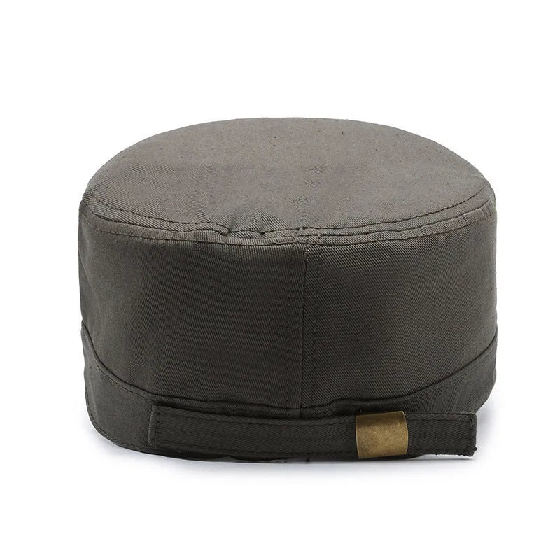 Men's adjustable cotton peaked cap with flat-top dome crown in army green colour showing English letter detailing