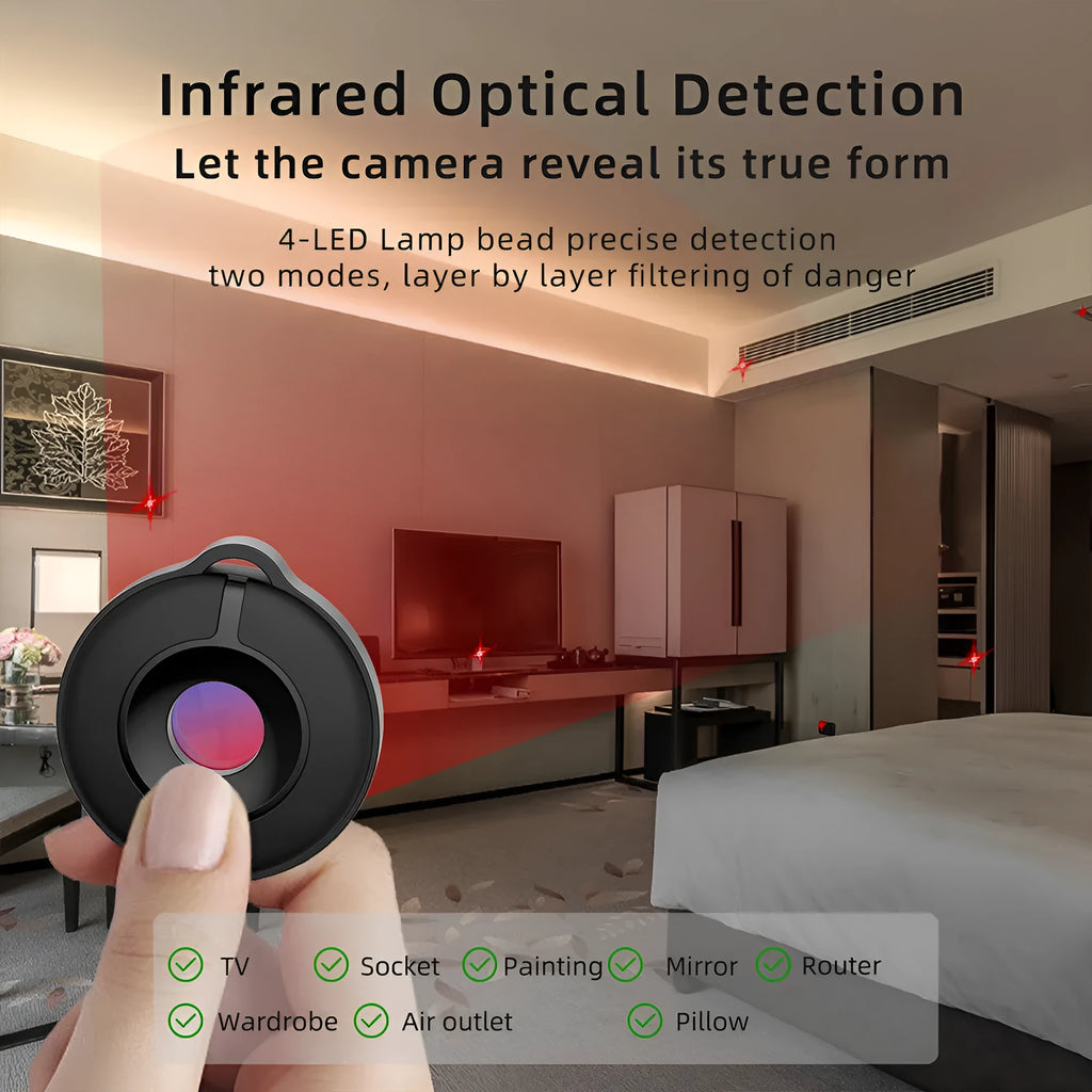 Compact S600 coloured hidden camera detector for infrared optical detection up to 5 metres.