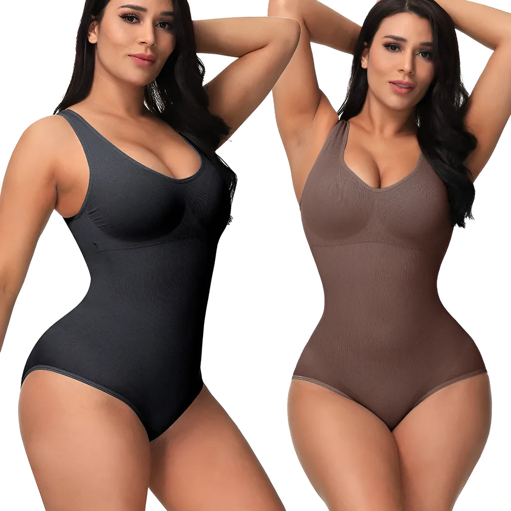 Green seamless nylon women's bodysuit corset laid flat, showing its one-piece shapewear design.