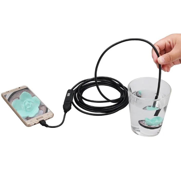 OWSOO USB endoscope camera with 5m cable, 6 LED lights, magnet, and hook accessories on a white background.