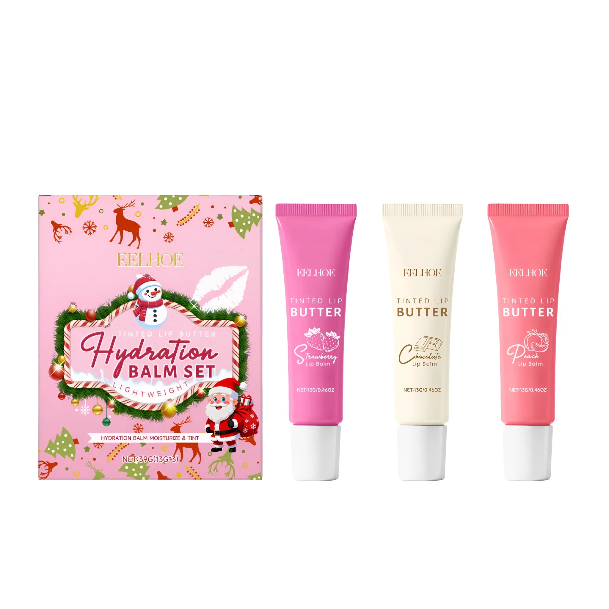Three coloured lip balms in strawberry, chocolate, and peach flavours, each 13g, in a set