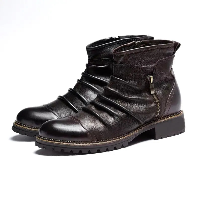 Mid-height black cowboy boots with side zipper, round toe, and horseshoe rubber heel