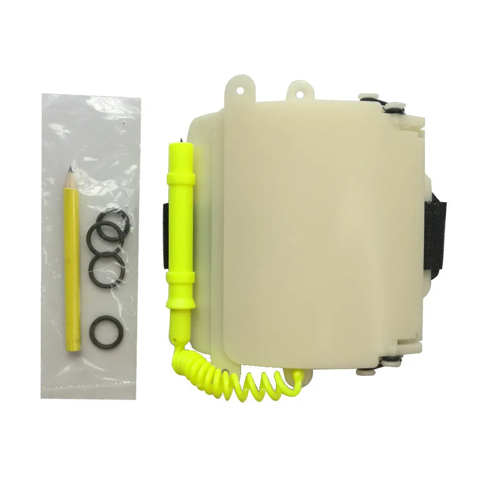 White luminous underwater diving wristboard with pencil and spare o-ring for scuba communication