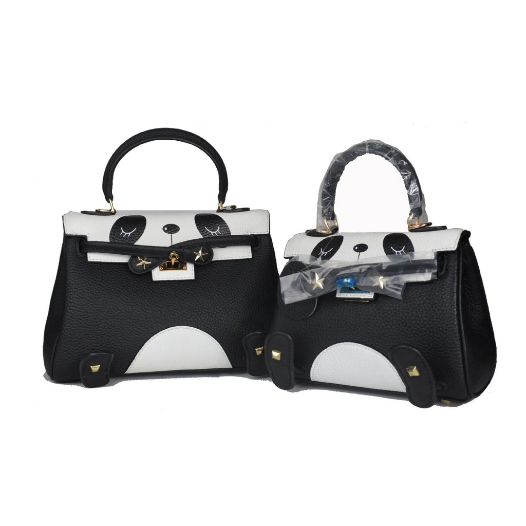 Panda animal print cow leather handbag in horizontal square shape showing sweet lady pattern style