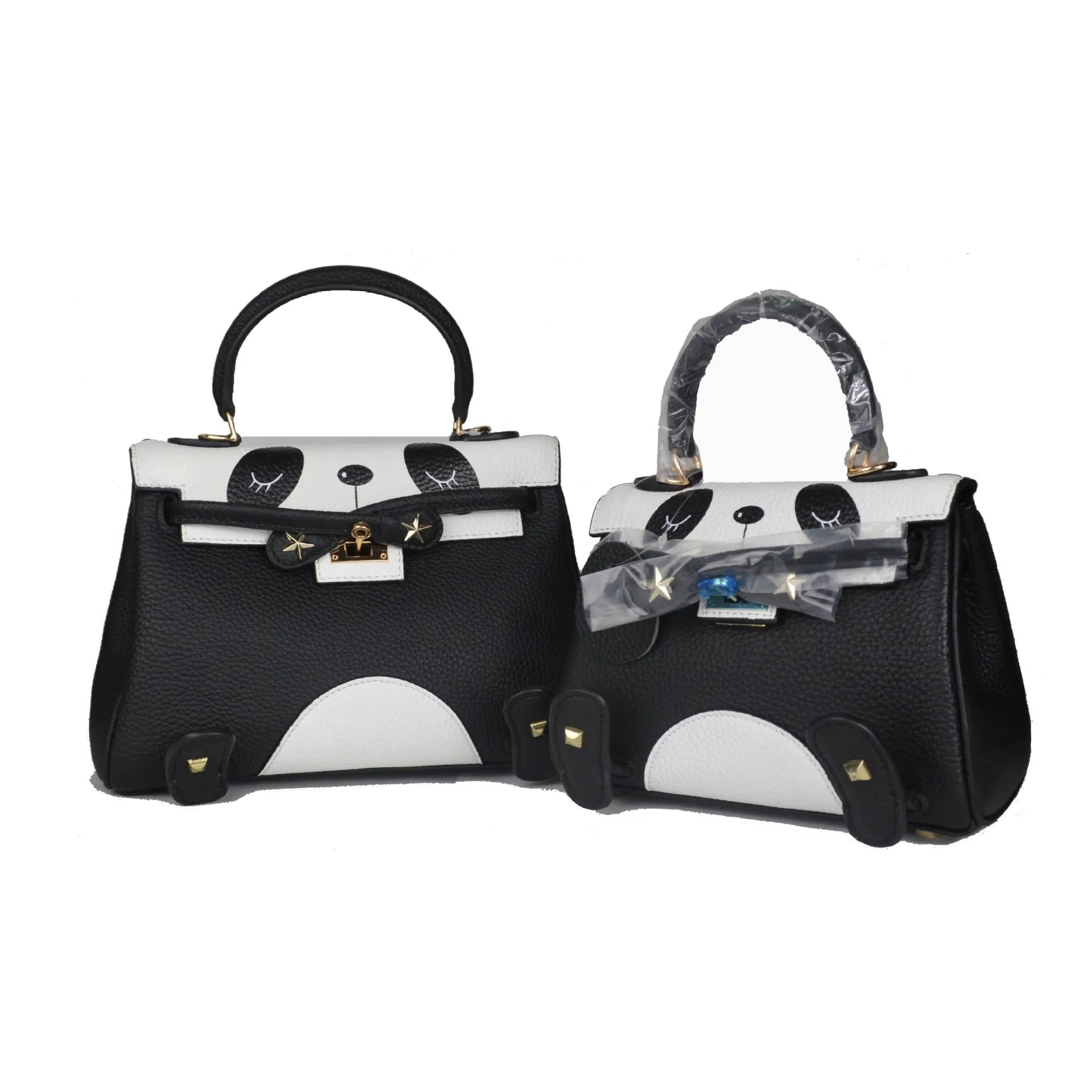 Panda animal print cow leather handbag in horizontal square shape showing sweet lady pattern style