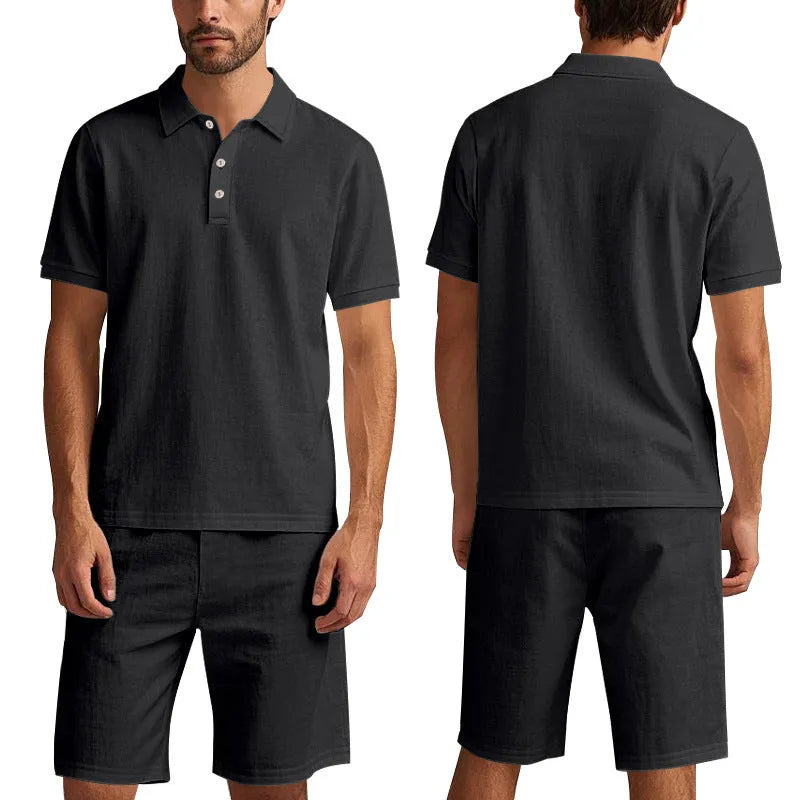 Men's light grey linen shorts suit with short sleeve shirt and matching shorts