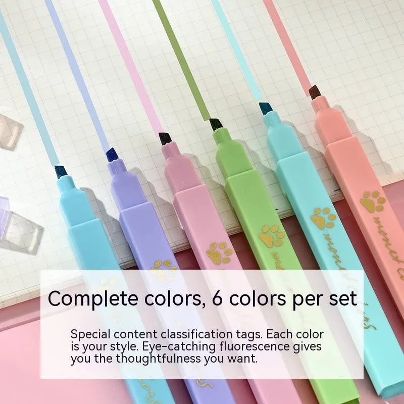 Box of six Cat's Paw fluorescent marking pens with oblique nibs in assorted colours.