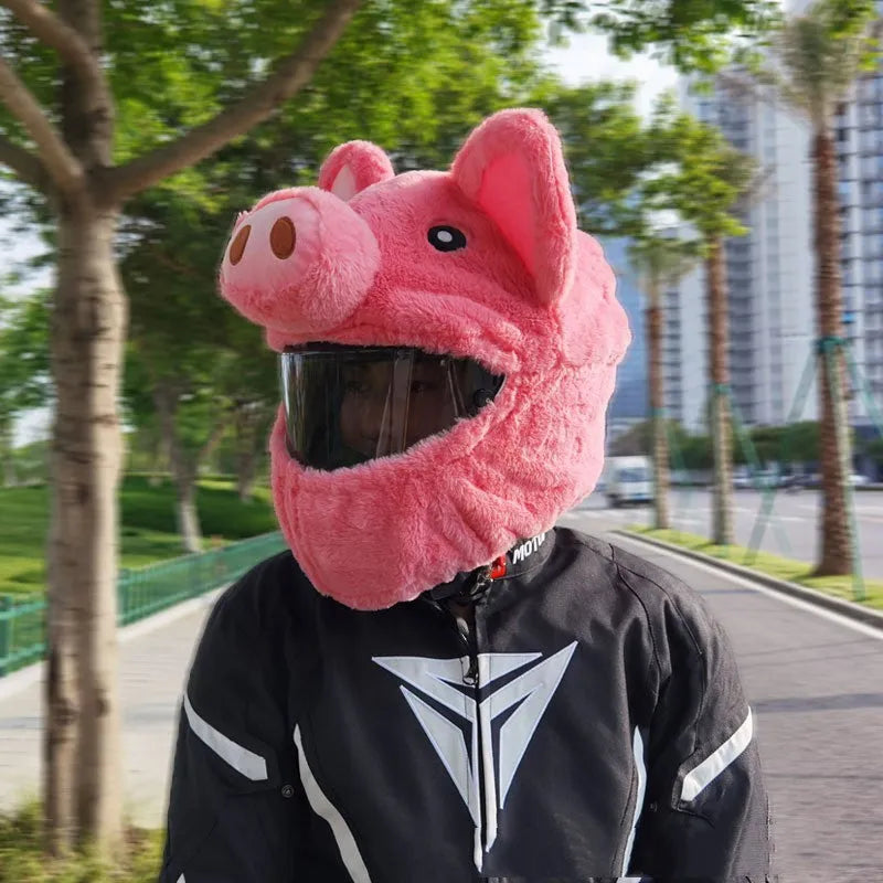 Pinkpig cartoon plush protective hood for motorcycle helmets made from soft pv velvet cloth.